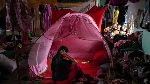 A displaced person from the Meitei community lives in a relief camp in Moirang, near Imphal, capital of the northeastern Indian state of Manipur, on June 21, 2023. (AP)