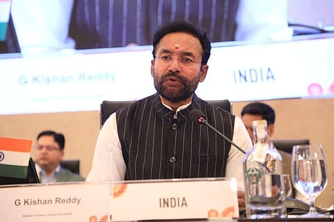 Union Minister for Tourism and Culture, G Kishen Reddy, speaks at the G20 Culture Ministers' Meeting in Varanasi, Aug 26, 2023. (Photo | Express)