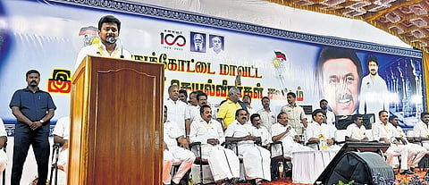 Sports Minister Udhayanidhi Stalin addressing DMK youth wing executive committee meeting in Pudukkottai on Sunday | Express