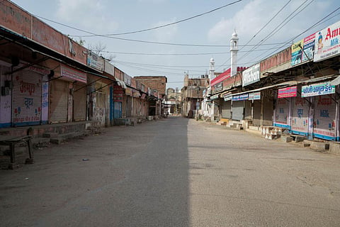 Closed shops at a deserted market ahead of a 'Shobha Yatra' called by Hindu organisations, in Nuh district, Monday, Aug. 28, 2023. (Photo | PTI)