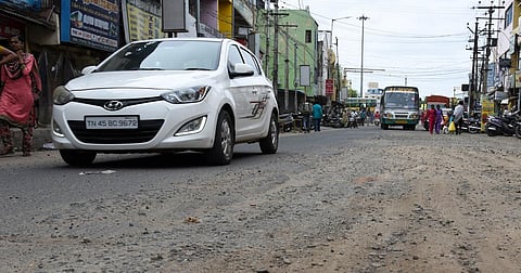 The damaged Melachinthamani Road in Tiruchy | MK Ashok Kumar