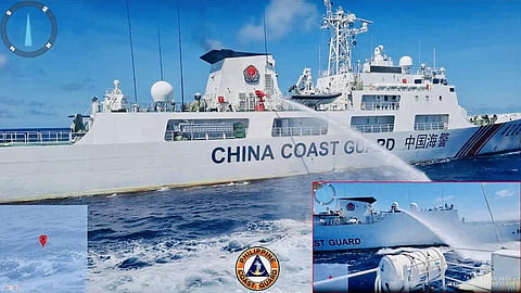 A China Coast Guard ship (L) releasing water cannon on a Philippine Coast Guard ship near Second Thomas Shoal during a re-supply mission on August 5. (AFP)