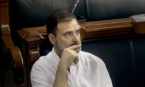 Congress MP Rahul Gandhi in the Lok Sabha during the Monsoon session of Parliament, in New Delhi, Monday, Aug. 7, 2023. (Photo | PTI)
