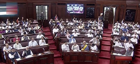Parliamentarians in the Rajya Sabha during the Monsoon session of Parliament, in New Delhi, Monday. (Photo | PTI)