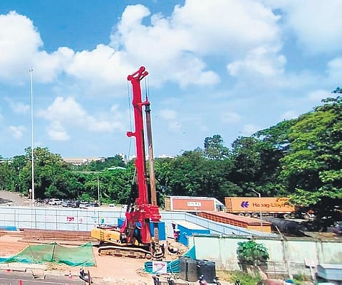 The ongoing piling work near Cochin Special Economic Zone for the first station of Kochi Metro Rail Limited’s phase II expansion