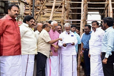 Ministers PK Sekarbabu and  KN Nehru  at the Srirangam temple on Tuesday | Express
