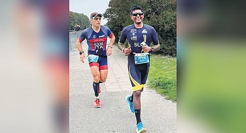 Balaji Rajasekharan (R) in action at the long-distance triathlon held  in Kalmar, Sweden
