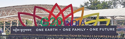 A cut out of the G20 Summit logo outside Pragati Maidan in New Delhi. (Photo | PTI)