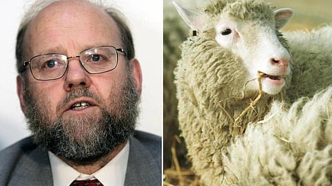 British scientist Ian Wilmut, who died at the age of 79, and Dolly, the sheep he helped clone. (File Photo | AFP)