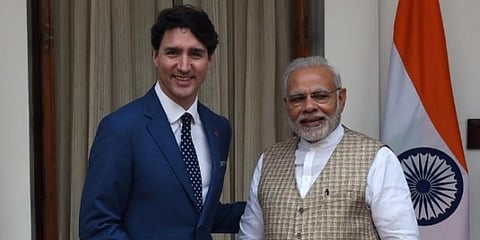 Canadian Prime Minister Justin Trudeau with Indian Prime Minister Narendra Modi. (File Photo | AFP)