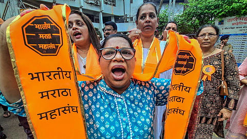 Maratha activists shout slogans during a protest demanding reservation, in Thane, Monday, Sept. 11, 2023. (Photo | PTI)