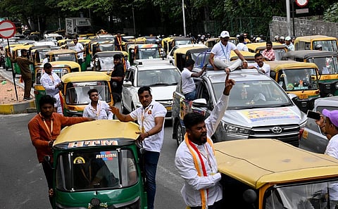 Autorickshaw drivers take out a rally  before the private transport bandh was called off, in Bengaluru on Monday. (Photo | Shashidhar Byrappa)