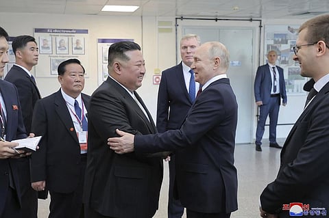 Russian President Vladimir Putin meets with North Korean leader Kim Jong Un at the Vostochny cosmodrome in Russia's far eastern Amur region, Wednesday, Sept. 13, 2023. (Photo | AP)