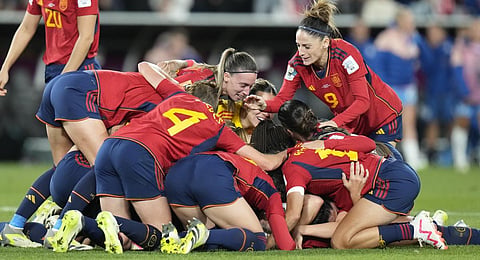 Representational Image: Spain teammates celebrate their victory over England in their final of Women's World Cup soccer between Spain and England. (Photo | AP)