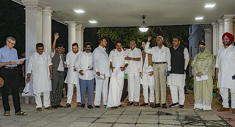 Opposition leaders after the first Coordination Committee meeting of the opposition alliance INDIA, at Sharad Pawar's residence in New Delhi, Wednesday, Sept. 13, 2023.(File Photo | PTI)