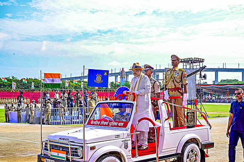 Union Home Minister Amit Shah inspects the parade during Hyderabad Liberation Day celebrations at Parade Ground, in Secunderabad on Sunday. (Photo | PTI)