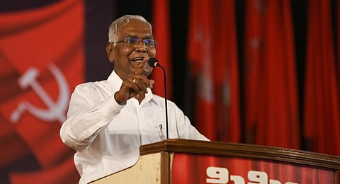 CPI general secretary D Raja addressing the gathering at armed struggle of Telangana remembrance meeting at Nampally Exhibition Grounds on Sunday.