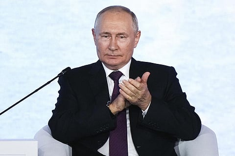 Russian President Vladimir Putin attends a plenary session at the Eastern Economic Forum in Vladivostok, Russia, Tuesday, Sept. 12, 2023. (Photo | AP)