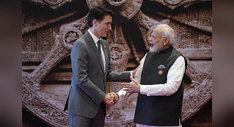 FILE - PM Narendra Modi welcomes his Canadian counterpart Justin Trudeau at the Bharat Mandapam for the G20 Summit, in New Delhi, Sept. 9, 2023. (Photo | AP)