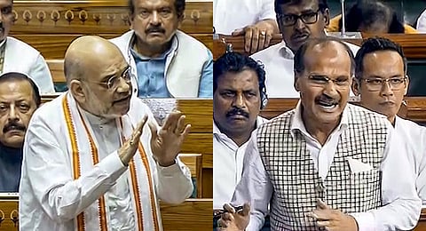 Union Home Minister Amit Shah and Congress MP Adhir Ranjan Chowdhury in the Lok Sabha. (Sansad TV)