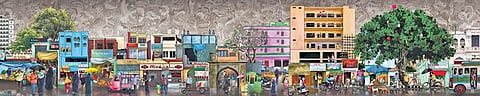 The painting, Muharram, in the graphic artist’s latest exhibition Heart-ich Hyderabadi captures the heart of the city.