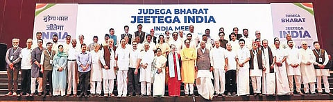 Participants at the meeting of the Opposition bloc, INDIA, pose for a group photograph ahead of their talks, in Mumbai on Friday | PTI