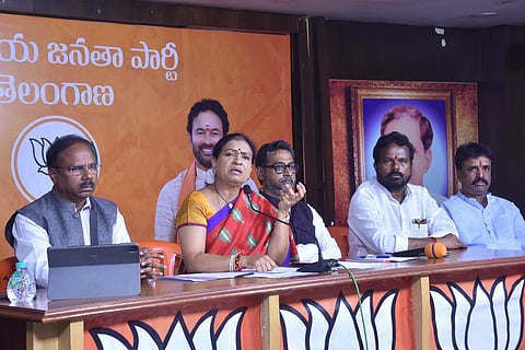 DK Aruna BJP National Vice President addressing media during a press conference at BJP State office Nampally in Hyderabad. (Photo | Express)