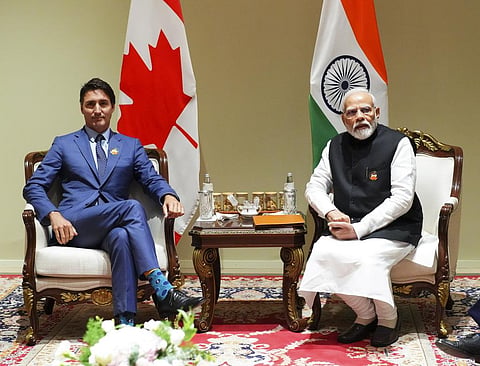 FILE - Canadian PM Justin Trudeau takes part in a bilateral meeting with PM Narendra Modi during the G20 Summit in New Delhi, India on Sunday, Sept. 10, 2023. (Photo | AP)
