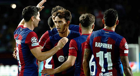 Barcelona players celebrate João Félix's opening goal. (Photo | AP)