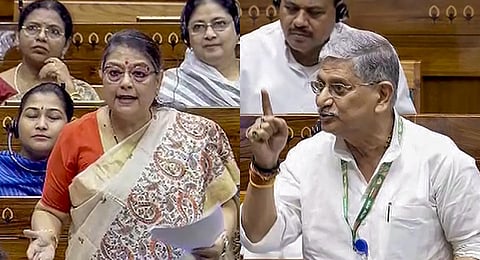 A collage of TMC MP Kakoli Ghosh Dastidar (L) and JD(U) MP Rajiv Ranjan Singh speaking in Lok Sabha during the special session of the Parliament, in New Delhi, Sept. 20, 2023. (Photo | PTI)