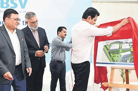 IT Minister KT Rama Rao unveils BSV’s manufacturing plant layout on Thursday. (Photo | Express)