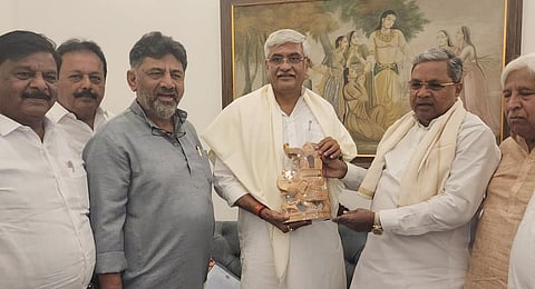 Chief Minister Siddaramiah and Deputy Chief Minister D K Shiva Kumar met Gajendra Singh Shekhawat Union  Minister of Jal Shakti on Cavuery water issue in New Delhi