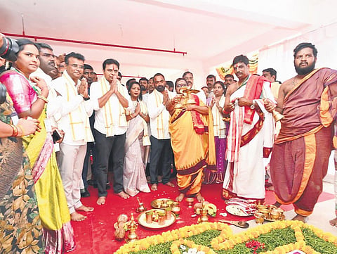 MA&UD Minister KT Rama Rao performs puja before distributing 2BHK houses  to the beneficiaries in Dundigal on Thursday | Express