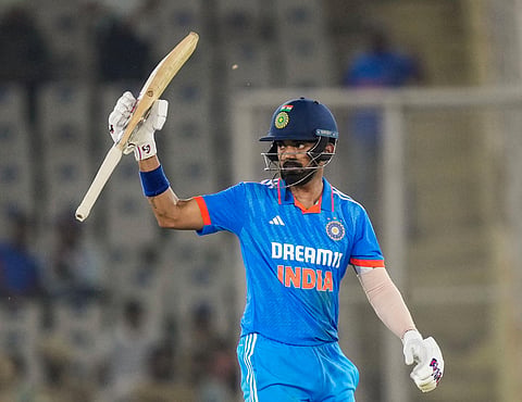 Indian captain K L Rahul celebrates his half century in the first ODI against Australia in Mohali (Photo | PTI)