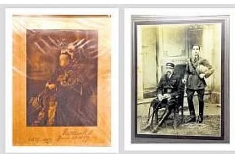 ​  (L) A signed photogravure of Queen Victoria which was given to Hashim Ali in 1897 (R) Mir Hashim Ali Khan is seen with his youngest son Subhan Ali khan in 1928 | Sri Loganathan Velmurugan  ​