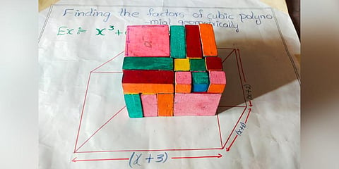 A paper-based cuboid developed by Pulavarthi Sumathi helps students understand the concept of cubic polynomials 