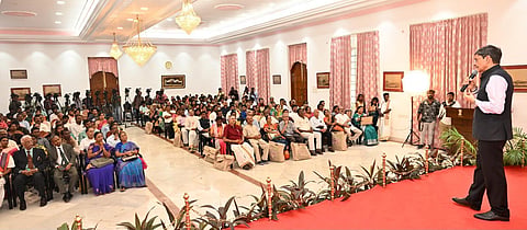 Governor RN Ravi addressing eminent Tamil personalities at the Raj Bhavan on Sept 23, 2023 | Express
