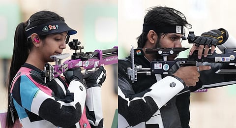 Indian shooters Ramita and Divyansh Singh Panwar compete in 10m air rifle mixed team event at the 19th Asian Games, in Hangzhou, China, on Sept 26, 2023. (PTI)
