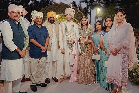 Aam Aadmi Party MP Raghav Chadha and actor Parineeti Chopra with Delhi CM Arvind Kejriwal and Punjab CM Bhagwant Mann (Instagram)