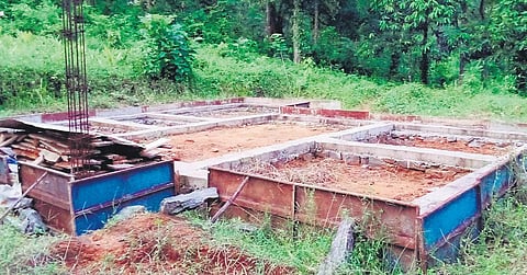 A house for which only the foundation was constructed before being abandoned by SHGs at Pathapra in Kuttampuzha panchayat