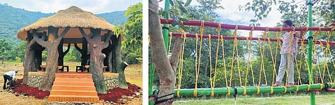 Newly-constructed shelters and play areas for children are the major attraction at the Mangalagiri Hill Eco-Park. (Photo | Express)