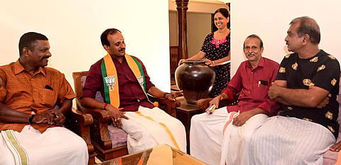 NDA candidate G Lijin Lal visiting a family in ward 18 of Ayarkkunam panchayat  on Saturday. (Photo| Vishnu Prathap)