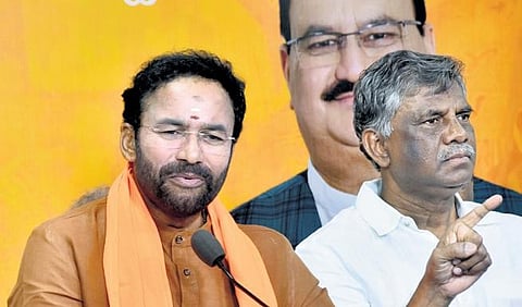 Telangana BJP chief and Union Tourism Minister G Kishan Reddy speaks  during a press conference in Hyderabad on Friday