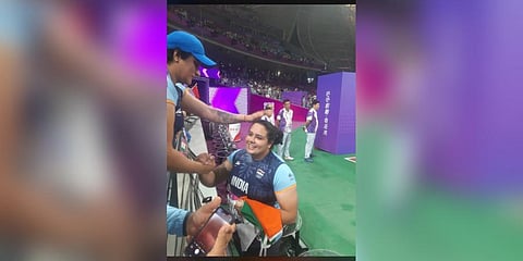 Kiran Baliyan celebrates with Seema Antil (left) on Friday | Special arrangement
