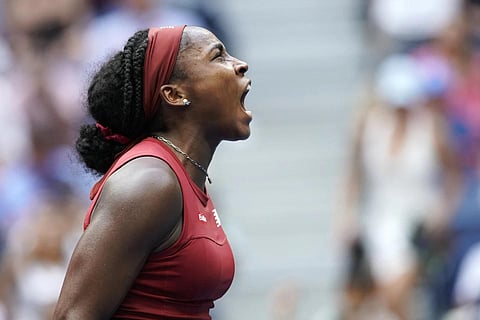 Coco Gauff, of the United States, celebrates after defeating Caroline Wozniacki, of Denmark during the fourth round of the US Open tennis championships, Sept 3, 2023. (Photo | AP)