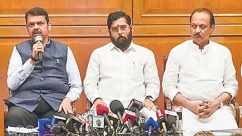 CM Eknath Shinde with Dy CMs Devendra Fadnavis and Ajit Pawar. 
