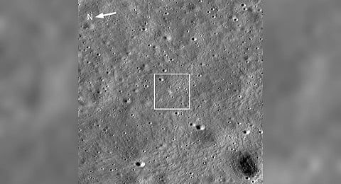 Chandrayaan-3 landing site can be spotted at the centre of the image captured by the Lunar Reconnaissance Orbiter. (Photo | NASA)