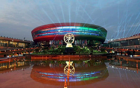 The decked up 'Bharat Mandapam' ahead of the upcoming G20 Summit, at Pragati Maidan in New Delhi, Wednesday, Sept. 6, 2023. (Photo | PTI)