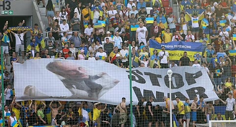 Ukraine supporters seen unfurling a “Stop War” banner on the stands during the UEFA Nations League soccer match between Ukraine and Armenia, in Lodz, Poland. (File Photo | AP)
