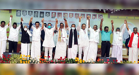 The leaders of DMK led alliance including MK Stalin and Rahul Gandhi on the stage in Salem | Express